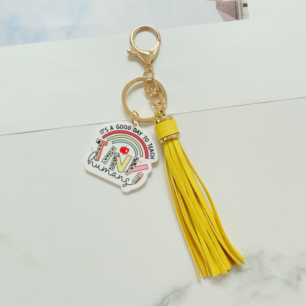 Wholesale Teacher Gifts Acrylic PU Tassel Bag Charm Keychain